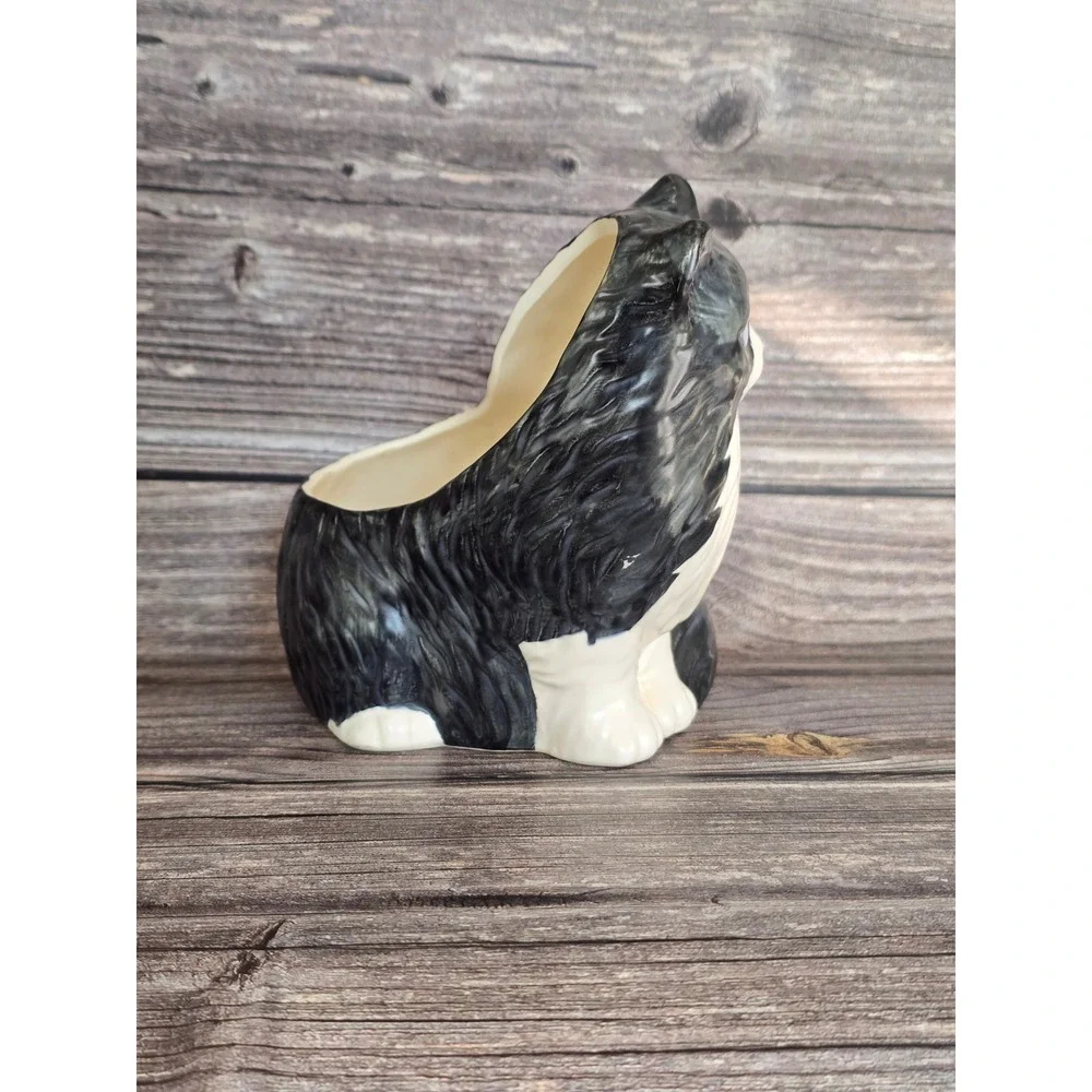 Vintage Ceramic Tuxedo Cat Planter Black White Longhair Feline Pot Takashi Japan